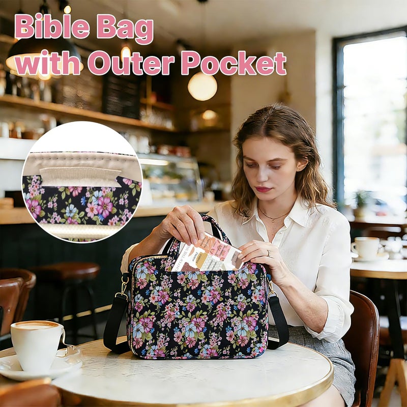 PUGPIU Bible Cover Case for Women, Large Quilted Bible Bag with Shoulder Strap and Handle, Bible Study Supplies Journaling Kit with Highlighters Pens No Bleed Tabs Notebook Cross Clips (Floral) - Image 3